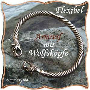 flexibel BRONZE Armreif Wolfsköpfe Mittelalter Wikinger  