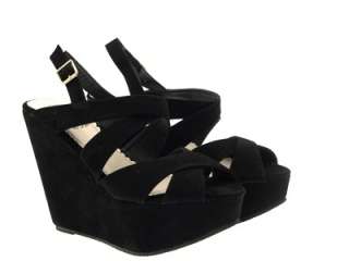 WOMENS STRAPPY FAUX SUEDE WEDGE WEDGES PLATFORM PARTY LADIES SHOES 