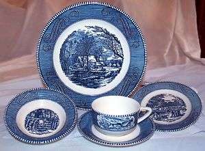 Royal China Blue Currier and Ives 5 Piece Place Setting  