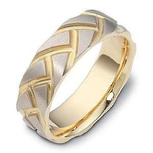   14 Karat Carved Two Tone Gold Unique Wedding Band Ring   7.25: Jewelry