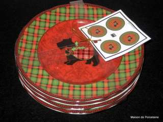 222 Fifth CHRISTMAS SCOTTY Appetizer Plates Scotty Dog Green & Red 