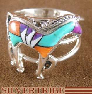 Turquoise Multicolor Inlay Horse Silver Ring Size 7 3/4  