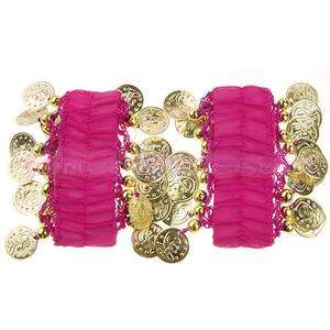 Belly Dance Arm Ankle Cuff Bracelets Gold Coin Fuchsia  