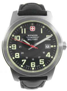 WENGER Swiss Army Mens Analog Round Watch Black Leather Band  