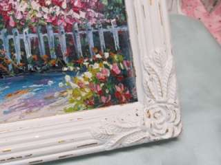SHABBY ROSE CORNERED WOOD FRAME with ROSE GARDEN PAINTING~Cottage~Chic 