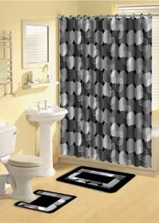   15 Pieces Shower Curtain Contour Bath Mat w. Hooks Bathroom Rug Set