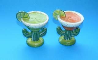 Margarita in cactus glass with lime salt and pepper shakers. Unmarked 