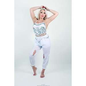  Beaded Top & Harem Pants Belly Dance Costume (White/Silver 
