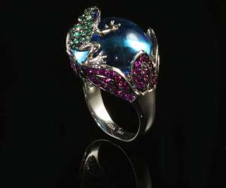 14KG Blue Kyanite Pink Sapphire Tsavorite Frog Ring Wow  