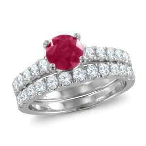 Natural Ruby Diamond Engagement Wedding Ring Bridal Set 18k White Gold 