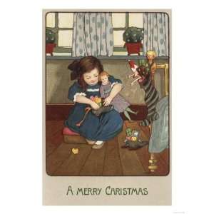 Merry Christmas   Girl Checking her Shoes Full of Goodies Giclee 