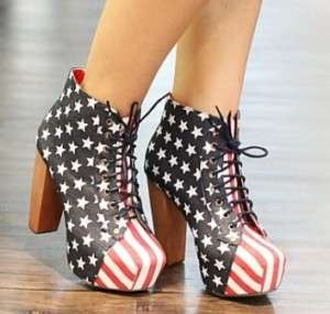 US Flag Lace Up Wood Cuban Heel Platform Ankle Boots  