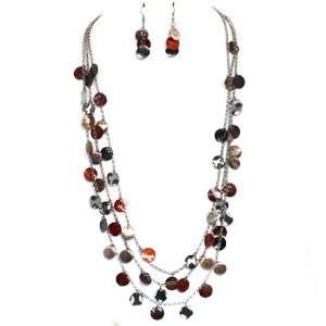 Long Shell Disk Necklace Set; 34L; Gunmetal And Burnished Copper; Red 