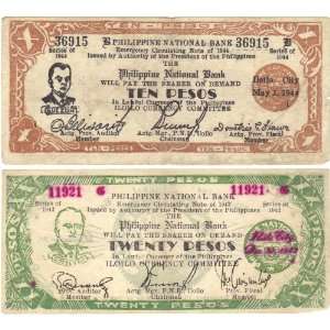 com World War II Philippines 10 & 20 Pesos Iloilo Guerrilla Currency 