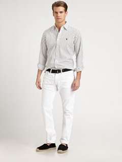   poplin shirt $ 89 50 hudson slim straight white wash jeans $ 98 00