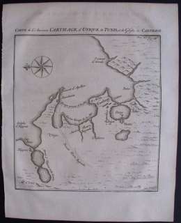 1750 BOSSUET MAP ANCIENT CARTHAGE, TUNIS TUNISIA PUNIC  