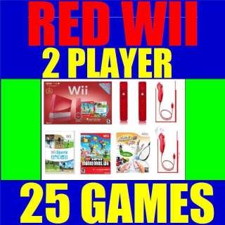 Nintendo RED Wii Console System W 25 Games 2 Player Bundle 