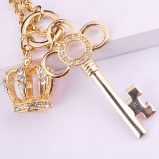 Fashion Gold Color Crown&Key Pendant Necklace With Crystals Good For 