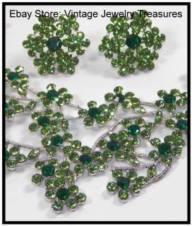 Delicate Green Rhinestone Silver Bib Necklace Pierced Earrings St 