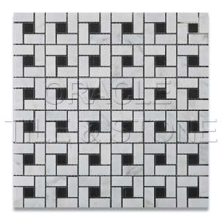   italian carrara white marble polished pinwheel mosaic tile w black