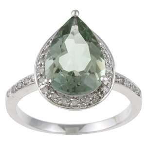 White Gold Pear Shape Green Amethyst and Diamond Ring (1/5 TDW)   size 