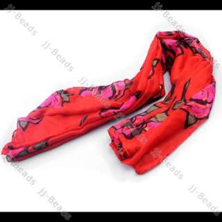 Women / Girl Red Rose Print Flower Soft Long Scarf Neck Wrap Shawl 