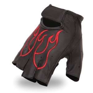   Classics Mens Fingerless Leather Gloves. Red Embroidery. FI166GEL RED