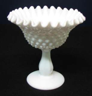 White milk glass 5 inch hobnail pedestal candy dish with ruffled rim 