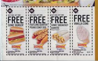 Sonic Nationwide Coupons  2 EACH 2012  