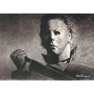 Halloweens Michael Meyers Portrait Charcoal Drawing Matted 16 X 20