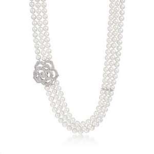  Multi Strand Pearl and Diamond Flower Necklace In Sterling 