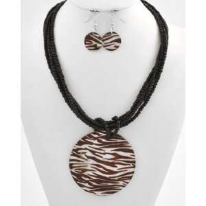 Silver tone Brown Black Seed Beads Shell Multi Strand Pendant Necklace 