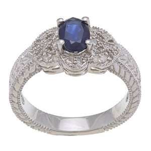   Blue Sapphire Diamond Ring Vintage Style in Sterling Silver Jewelry