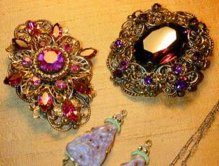 CZECH VTG ANTIQUE LOT OF ENAMEL GLASS CRYSTAL NECKLACES BROOCHES 
