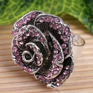   Crystal Vintage Rose Flower Cocktail Ring S6.5 Adjustable Fashion Gift