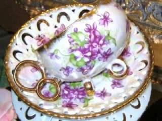 Royal Sealy 3 RING FOOTED Teacup VIOLETS IRIDESCENT Tea Cup and Saucer 