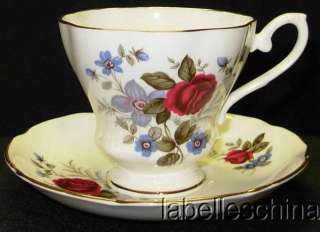   Grafton Teacup and Saucer Red Rose Blue Primulettes molded tea cup