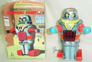 Vintage Made in Japan Mechanical Sparking Robot Tin Toy  