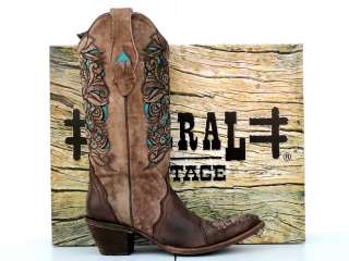 Corral Womens Brown & Turquoise Laser Tool Cowgirl Boot  