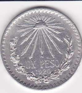 Mexico: $ 1 Peso Silver Coin *** 1920 *** Hard To Find.  
