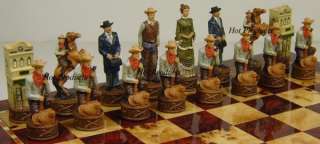 COWBOYS vs INDIANS Old West Chess Set Cherry Burlwood finish board 15 