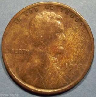1912 S Lincoln Wheat Cent Penny Copper Coin   Scarce    